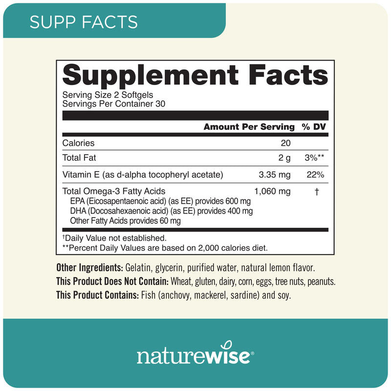 [Australia] - NatureWise Extra-Strength Omega 3 Fish Oil Supplement - 1000mg per Serving - 600 EPA & 400 DHA and Vitamin E - Support for Heart & Brain Health - Lemon Flavor, Non-GMO - 60 Softgels[1-Month Supply] 60 Count (Pack of 1) 