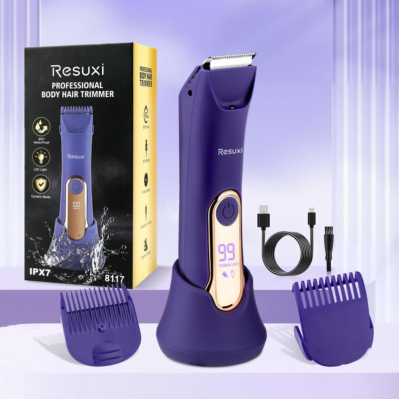 [Australia] - RESUXI Electric Bikini Trimmer for Women,Pubic Hair Trimmer Ceramic Blade Electric Razors Shaver for Underarm Leg Arm Body Hair Private Area,Wet/Dry IPX7 Waterproof Rechargeable LCD Display LED Light Purple 