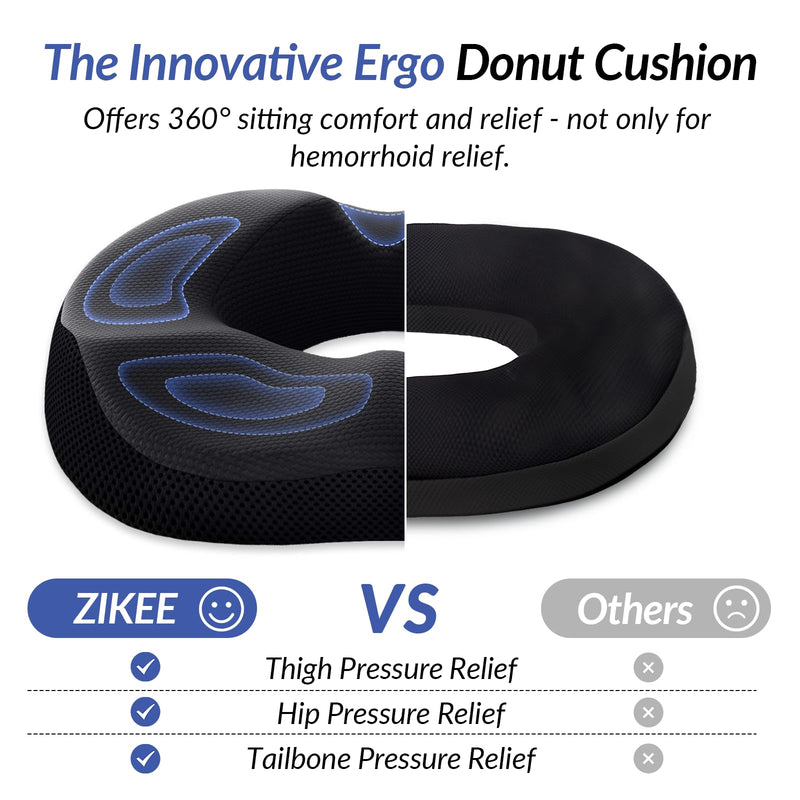 [Australia] - ZIKEE 360° Pain Relief Donut Pillow for Tailbone Pain, Hemorrhoid Pillow for Sitting, Memory Foam Donut Seat Cushion with Ergonomic W-Shaped Designs for Thighs Relief, Postpartum & Post Surgery Care 