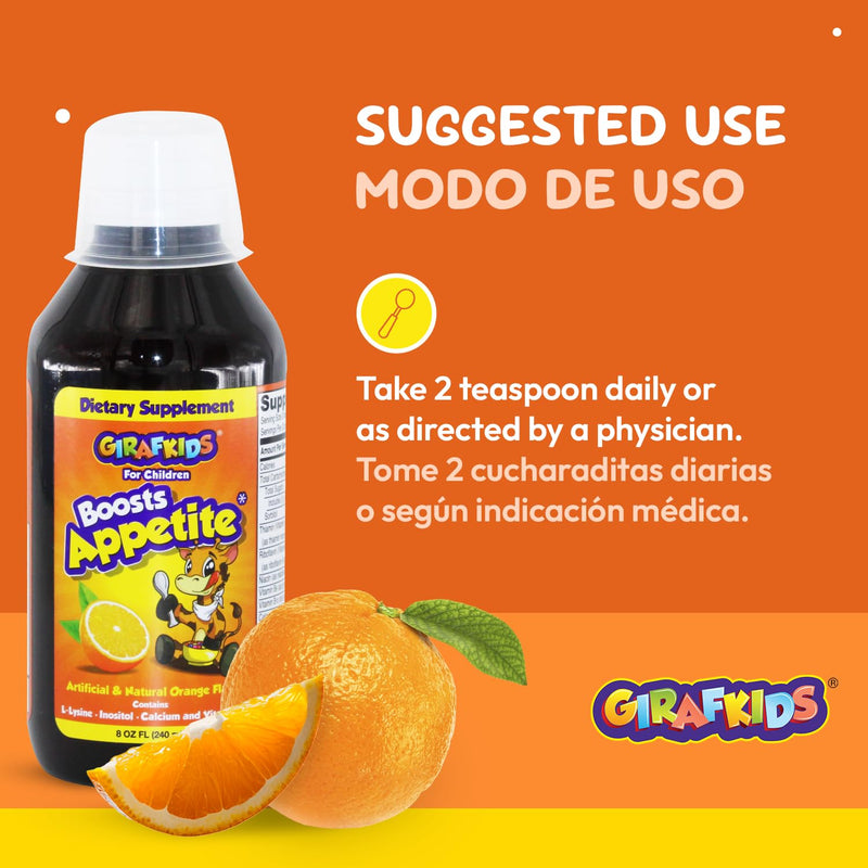 GirafKids Appetite Booster for Kids with L Lysine, 8 Fl Oz, Ages 4+ | Appetite Vitamins Syrup for Kids with L-Lysine, Inositol, Calcium, Vitamin B12 B6 B2 B1, Niacin - Healthy Growth & Energy 8 Fl Oz (Pack of 1)