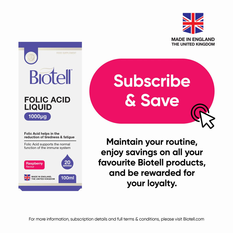 High Strength Folic Acid Liquid 1000µg per 5ml, Pregnancy Vitamins for Women, High Dose Prenatal Folate Supplement, Reduces Tiredness, Supports Blood Formation, Vegan Vitamin B9, UK Made 100ml