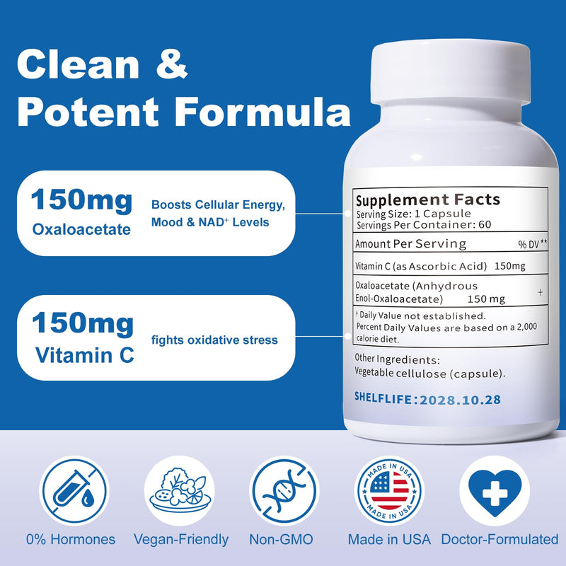 ZOXY Oxaloacetate Supplement – Cellular Energy, Brain & Metabolic Support – with Vitamin C – for Fatigue, Brain Fog – 60 Vegan Capsules