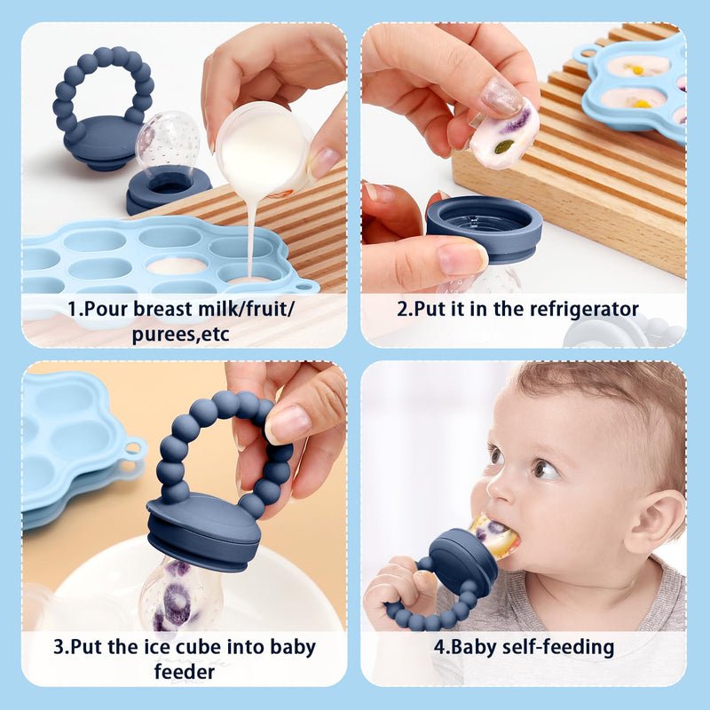 Silicone Baby Fruit Food Feeder, 2 Pack Freezer Tray with lid for Batch Prep,Introduce New Foods, Breastmilk Popsicle Molds, Silicone Teething Toys, Includes 6 Extra Food Pacifier Steel Blue and Olive Green