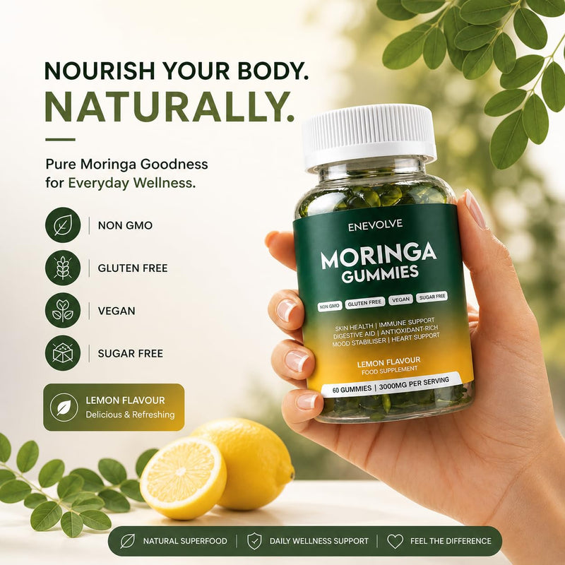 Moringa Gummies – Premium 3000mg Superfood, Vegan & Sugar Free, Immune & Energy Support, Antioxidant Rich, Gluten Free, Non-GMO, Lemon Flavor, 60 Gummies
