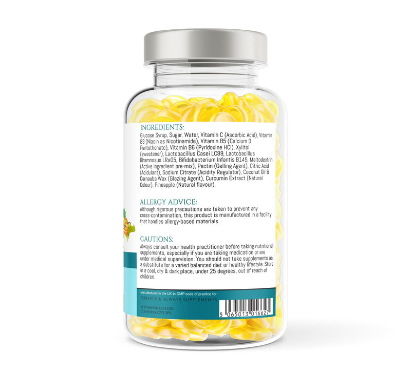 Probiotic Gummies for Kids & Adults - 150 x Natural Pineapple Flavoured Gummy Vitamins with Active Bacteria, Vitamin B3, B5, B6 & C - Immune System, Energy & Gut Health Support