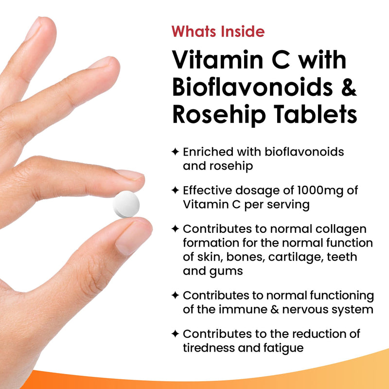 Vitamin C Tablets 1000mg - Enriched with Bioflavonoids & Rosehip - Premium Vitamin C Supplements - 360 Vegan Vitamin C Tablets High Strength Ascorbic Acid VIT C for Normal Immune System UK Made 360 count (Pack of 1)