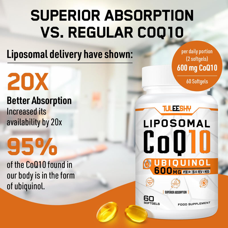 Liposomal CoQ10 Ubiquinol 600mg - High Potency, Superior Absorption for Advanced Heart and Energy Support - 60 Easy-to-Swallow Softgels (60 Count (Pack of 2)) 60 count (Pack of 2)