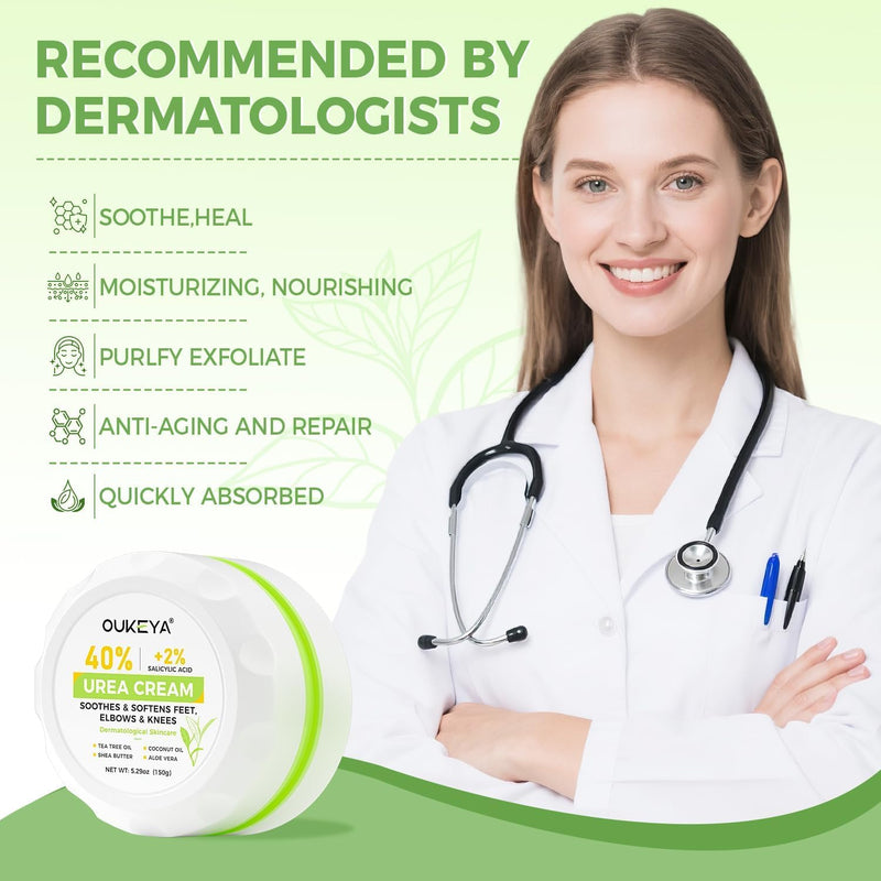 OUKEYA 40% Urea Foot Cream Salicylic Acid Tea Tree Oil Cracked Dry Skin | Ceramides Nourish Feet Hands Elbows Knees 150G 5.29 Ounce (Pack of 1)