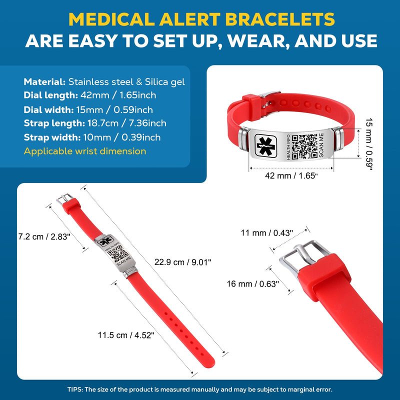 [Australia] - Medical Bracelets for Men Women with QR Code Medical Alert ID Bracelets for Sport Travel - Silicone Waterproof Wristband Fits Wrists Up to 8 inches - More Space Custom Emergency Medic ID Alert Information 9'' Folding Buckle+Adjustable dial - Red 