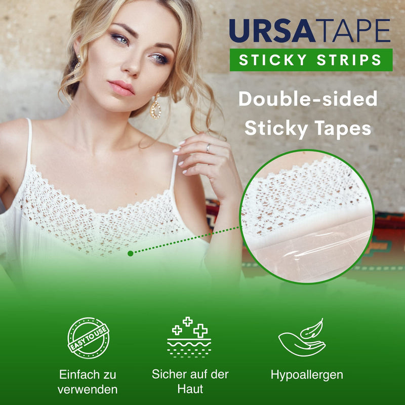 URSA Tape Sticky Strips No-Residue Clear Hollywood Fashion Tape for Women Double Sided | for Costumes, Dresses, Shoes & More | Body Tape for Delicate Skin, Double Sided Fabric Tape for Clothes 60 Pack