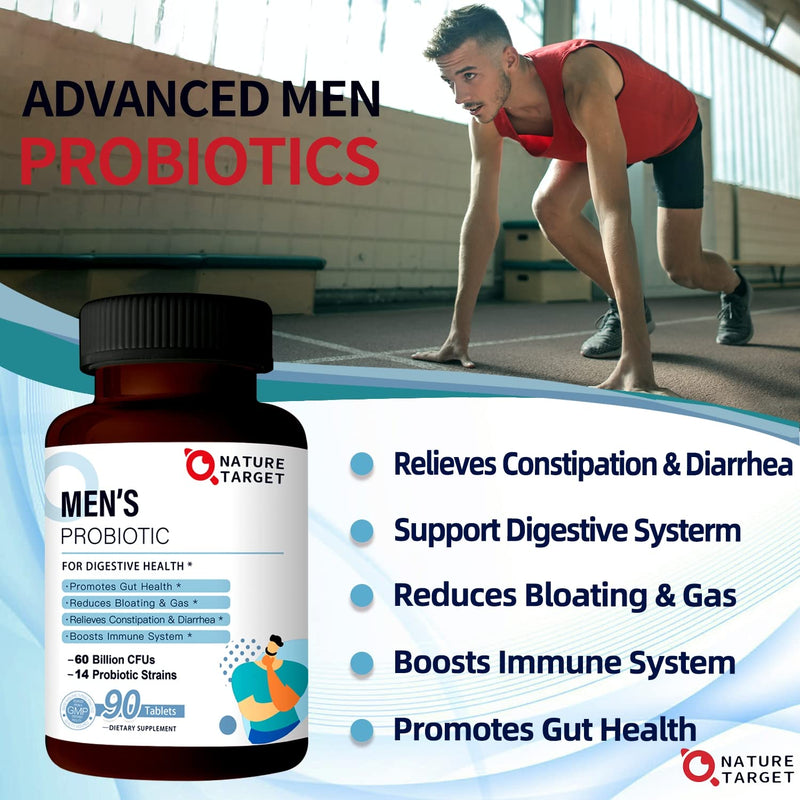 [Australia] - NATURE TARGET Probiotics for Men with Men Care Supplement, Prebiotics & Probiotic for Men's Digestive and Immune Health,60 Billion CFUs & 14 Strains Shelf Stable, Gluten & Soy Free (90 Tablets) 