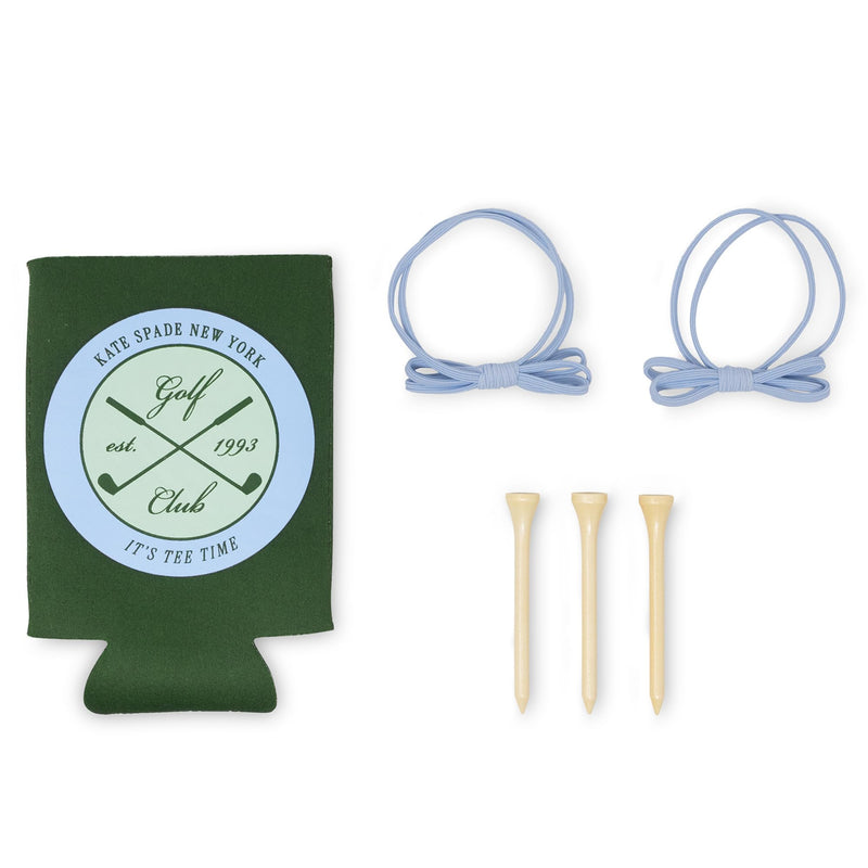 kate spade new york Outdoor Fun Golf Pouch Set, Lexington Dot | Clear and Green Polka Dot Travel Pouch with Drink Hugger, 3 Wooden Golf Tees & 2 Hair Ties, Zipper Bag with Leatherette Trim
