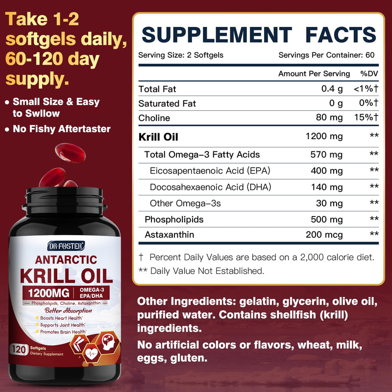 [Australia] - Krill Oil 1200mg, Antarctic Krill Oil Omega 3 Supplement with EPA, DHA，Astaxanthin & Phospholipids for Heart & Brain & Joint Health, No Fishy Aftertaste,120 Softgels (60 Servings) 120 Count (Pack of 1) 