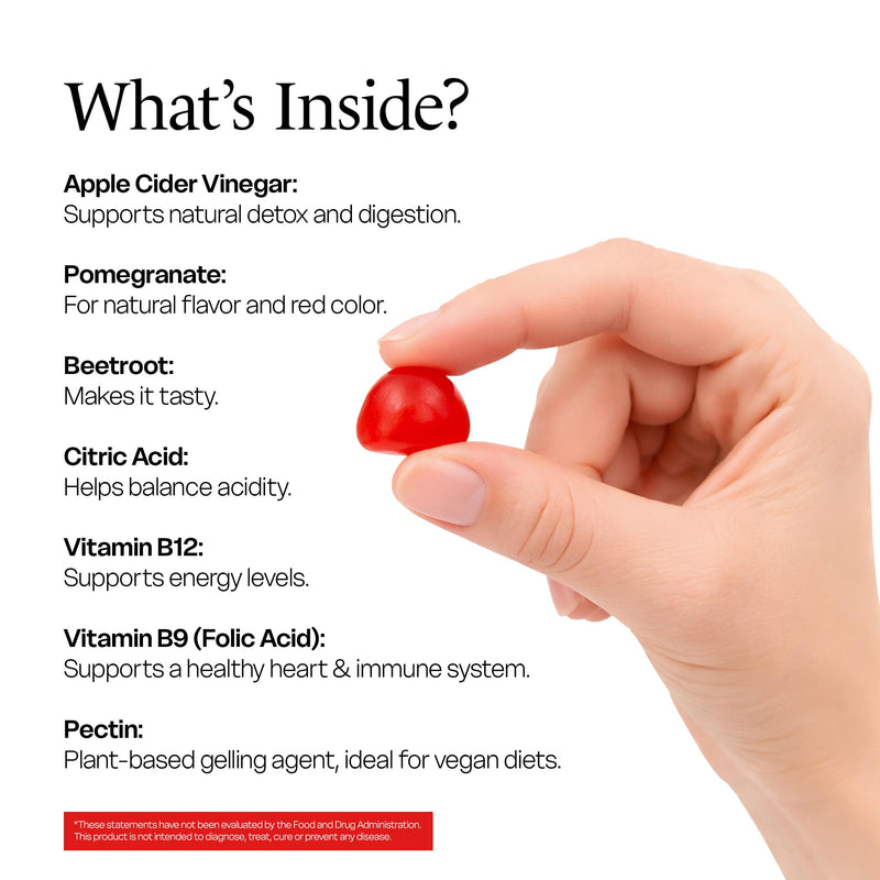 Apple Cider Vinegar ACV Gummies - 60 Counts | Vitamin B9, B12, Beetroot, Pomegranate | Support Immunity, Digestion and Detox | Gluten-Free, Vegan, Non-GMO
