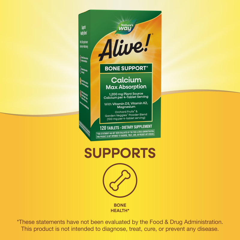[Australia] - Nature's Way Alive! Calcium Max Absorption, Bone Support*, Plant Source Calcium, Vitamin D3 & K2, Magnesium, 120 Tablets (Packaging May Vary) Unflavored 120 Count (Pack of 1) 