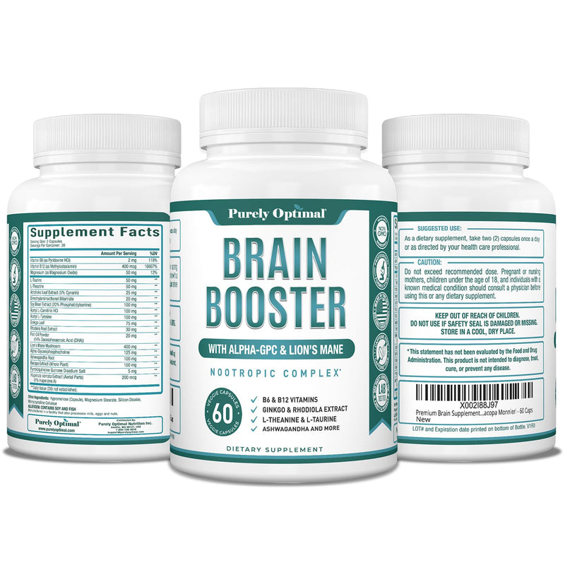 [Australia] - Premium Brain Supplement - Nootropic Brain Booster for Focus, Clarity, Improved Memory, Concentration & Better Mood - w/ Alpha-GPC, Lion’s Mane, Ginkgo Biloba & Bacopa Monnieri - 60 Caps 