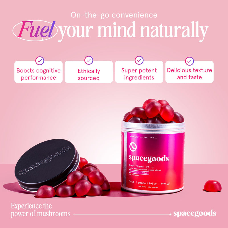 Spacegoods Moon Chews 240g, 30 Servings, Lion's Mane Super Chew, Focus & Clarity Boost, On-The-Go Convenience, Delicious Texture and Taste, Strawberry Flavour