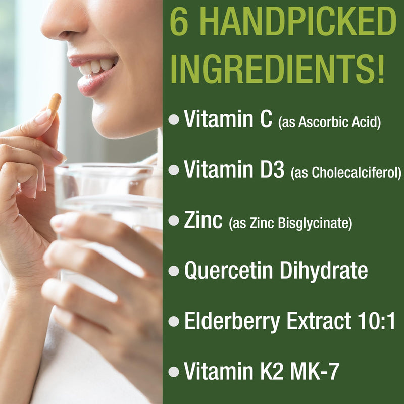 Peak Performance Immune Support Supplement | 6 Top Ingredients | Vitamin D3 K2, Vitamin C, Elderberry, Zinc, Quercetin | Includes 5000 IU Vitamin D | Immunity Capsules | For Women and Men