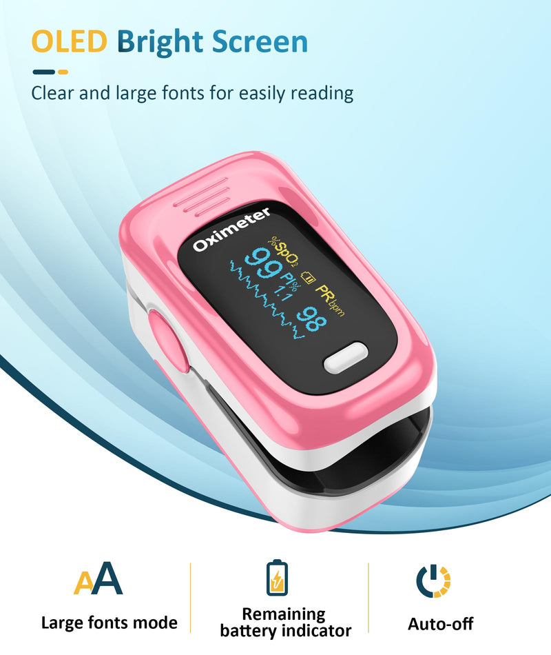 Fingertip Pulse Oximeter with Fast & High-precision SpO2 Measurement, Blood Oxygen Saturation & Pulse Rate Monitoring, OLED Screen with Large Fonts (Pink)