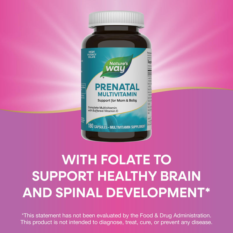 Nature's Way Prenatal Multivitamin, 23 Vitamins & Minerals, 180 ct | Prenatal Multivitamin with Folate to Support Healthy Brain and Spinal Development*, with Buffered Vitamin C