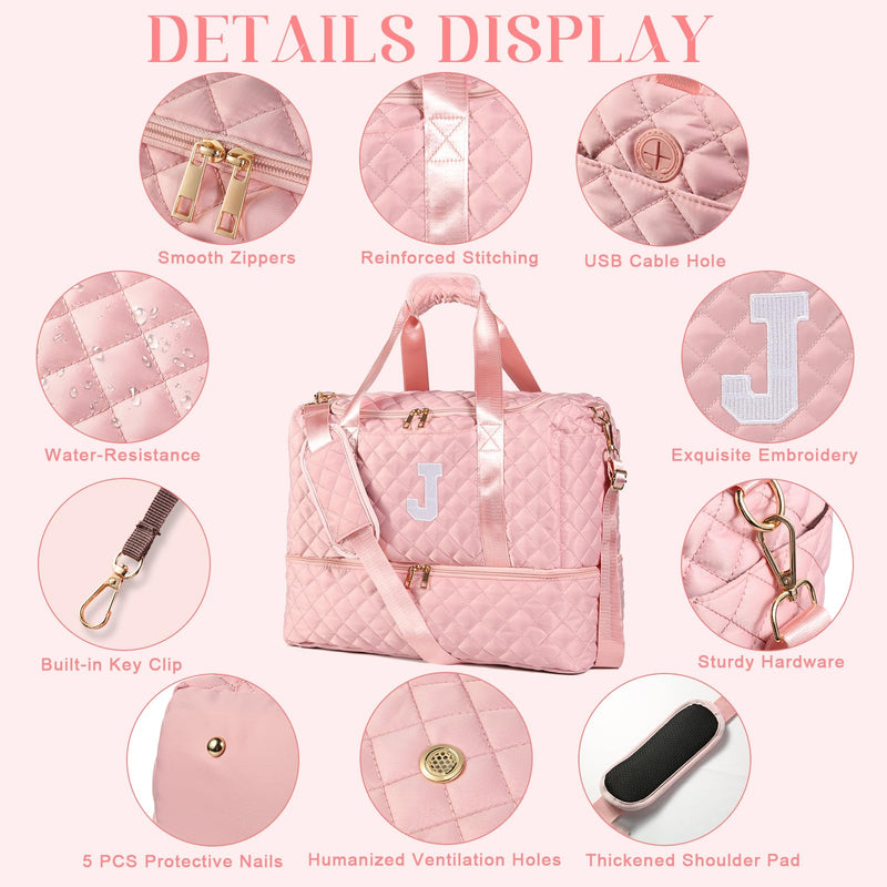 Personalized Initial Travel Bag, Quilted Duffle Bag, Weekender Bag for Women with Cosmetic Bag, Gym Bag with Shoe Compartment, Carry on Overnight Bag, Hospital Bag for Labor Delivery (Pink, J) Pink