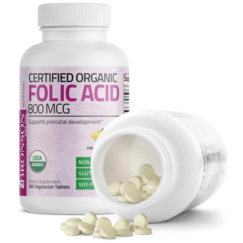 Bronson Folic Acid 800 mcg, USDA Certified Organic, 180 Tablets | From Whole Lemon Peel Extract, Prenatal Development Support, Vegetarian, Non-GMO, Gluten-Free & Soy-Free Unflavored 180 Count (Pack of 1)