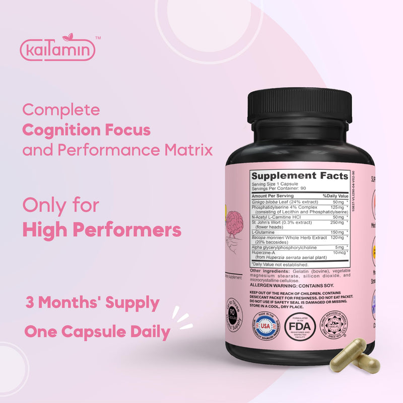[Australia] - Nootropic Vitamin Brain Matrix- Ginkgo Biloba, Huperzine A, Bacopa Monnieri, L-Carnitine, Phosphatidylserine - Memory, Focus & Aging Support - 90 Tablets 3 Months' Supply. Decaffeinated 