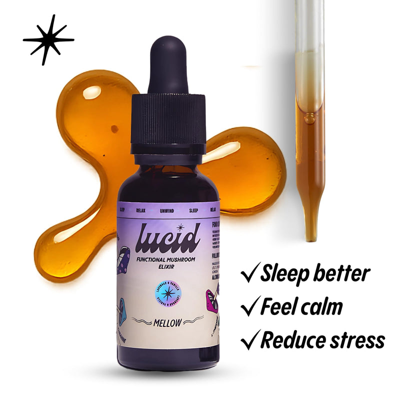Lucid Mellow Elixir – Sleep & Calm Support with Reishi, Lemon Balm, Passion Flower & L-Theanine – Lavender & Vanilla – 30ml, Alcohol Free, Vegan