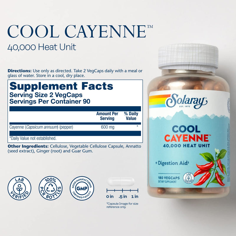 [Australia] - SOLARAY Cool Cool Cayenne 40,000 HU, Healthy Digestion, Circulation, & Cardiovascular Support 180 VegCaps 180 Count (Pack of 1) 