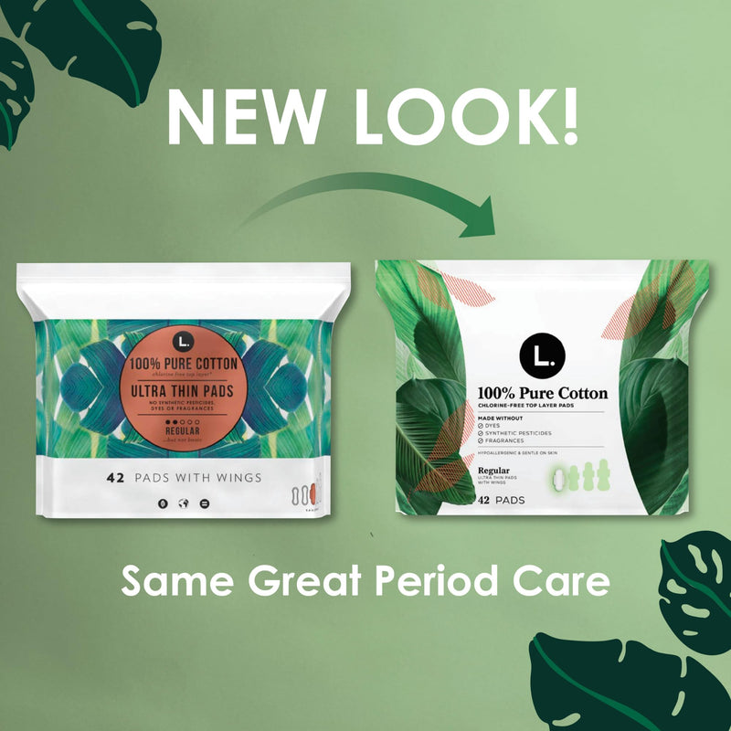 [Australia] - L. Pure Cotton Topsheet Pads for Women, Regular Absorbency, Ultra Thin Pads with Wings, Unscented menstrual pads, 56 Count (Packaging May Vary) 