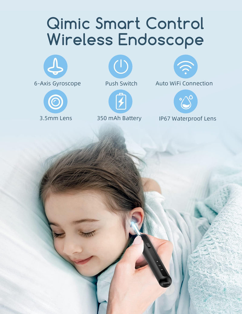 [Australia] - Earwax Remover Otoscope, Qimic WiFi Ear Cleaner, 1080P Ultra Thin HD Wireless Waterproof Ear Mirror with 3.5mm Lens and 6 LEDs for iPhone, iPad and Android Smartphones 