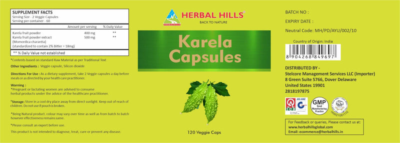 [Australia] - HERBAL HILLS Bitter Melon/Bitter Gourd/Karela Capsules (Momordica Charantia) | 120 Count (900 mg) | Best for Eye & Skin Health 