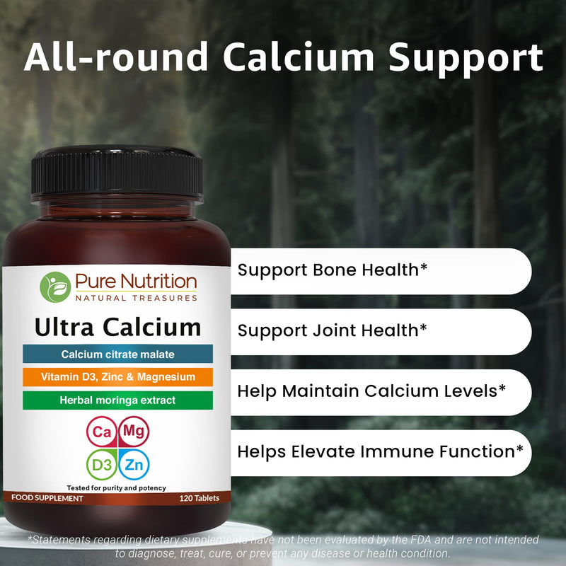 Pure Nutrition Ultra Calcium 1000mg with VIT D3 + K | 120 Tab | Highly absorbable Supplement with Calcium Citrate Malate, VIT D3, K, Moringa Oleifera, Magnesium and Zinc. 120 count (Pack of 1)