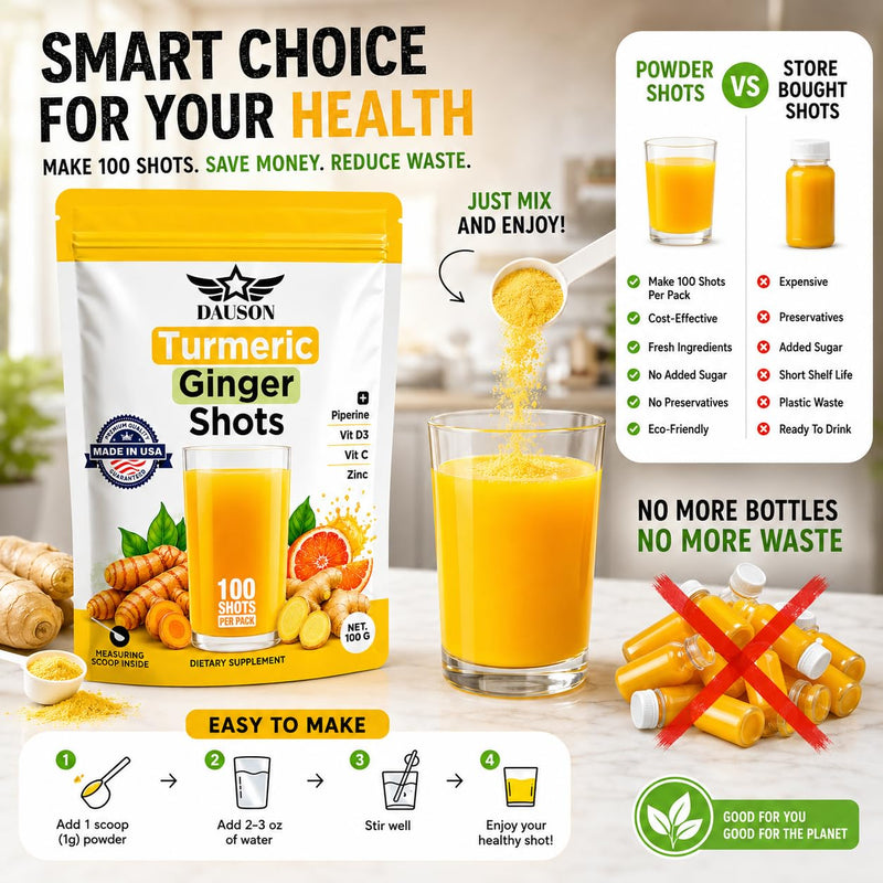 Turmeric Shots for Joint Support, Immune Boost, Gut Health – Boosted with Ginger, Piperine, Zinc, Vitamin D3, Vitamin C – Powder – 100 Servings – Made in USA 100 Turmeric Shots
