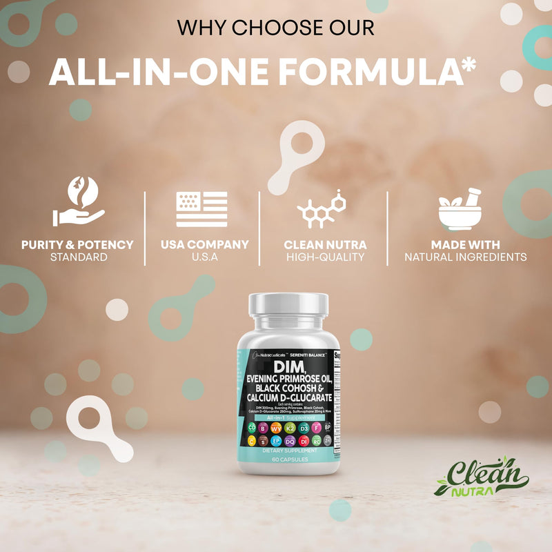 [Australia] - Clean Nutraceuticals DIM Evening Primrose Black Cohosh Calcium D-Glucarate Sulforaphane Flax Seed Extract - Hormonal Support Vitamins for Women with Dong Quai - 60 Caps 