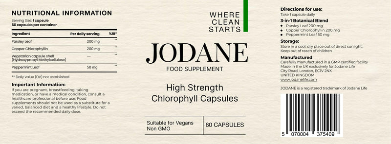 High Strength Chlorophyll Capsules with Parsley Leaf and Peppermint Leaf - Internal Deodorant Support for Fresh Breath, Underarms and Intimate Area - 60 Vegan Capsules