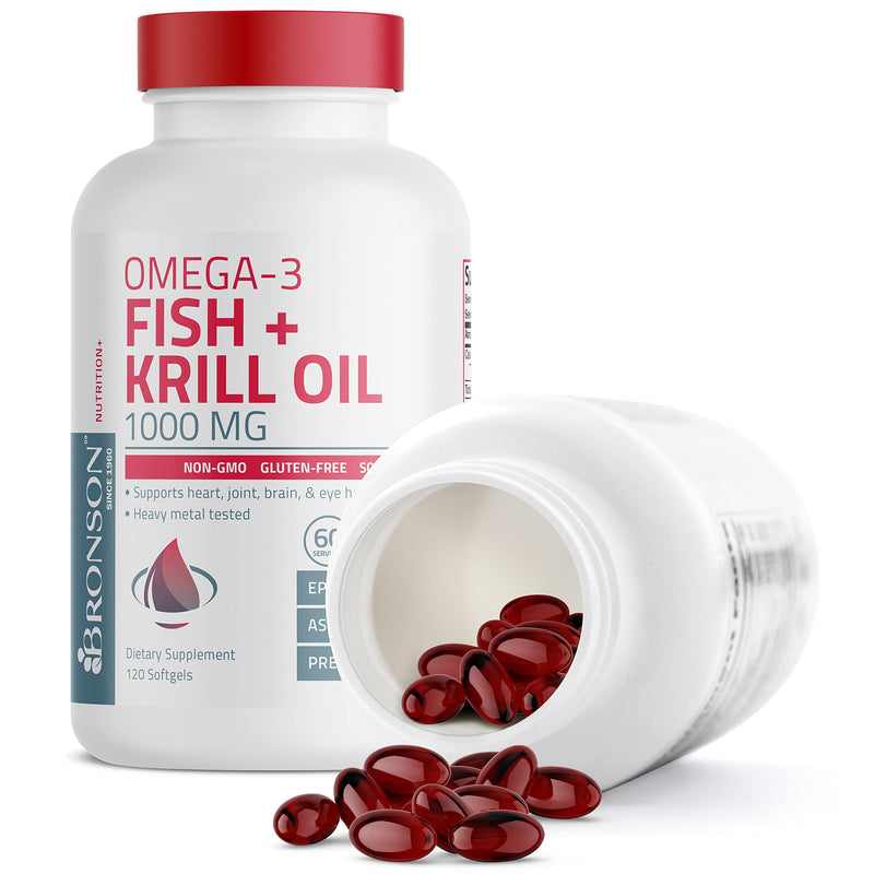 Bronson Omega-3 Fish + Krill Oil 1000 MG EPA DHA Astaxanthin Premium Blend - Joint, Brain & Eye Health - Non GMO, Heavy Metal Tested, 120 Softgels 1 Count (Pack of 120)