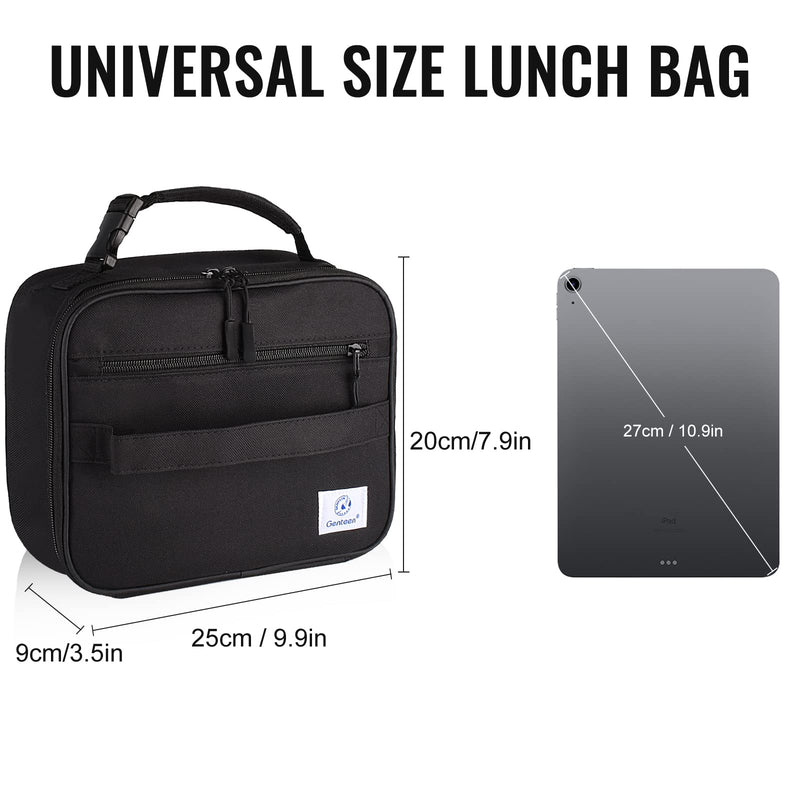 [Australia] - Genteen Insulated Lunch Bag, Lunch Box Kids Double Zipper Kids Lunch Bag,Sturdy Soft Bag & Freezable Lunch Bag - Boys Mens Lunch Bag Reusable Lunch Bag for School,Work,Outdoor(Black) Black 