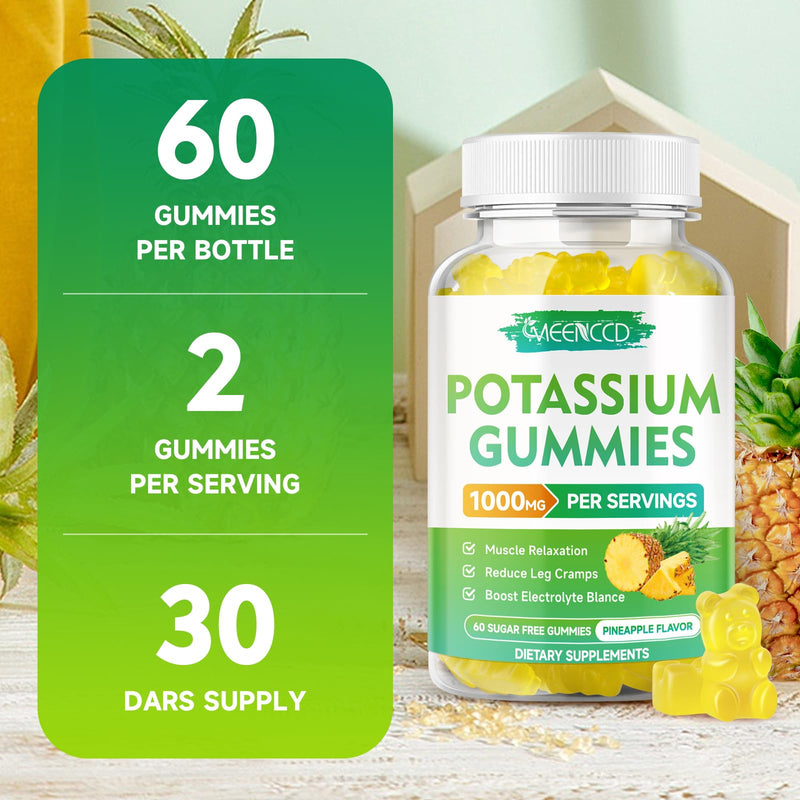 [Australia] - Potassium Citrate Gummies 1000mg, High Potency Potassium Supplement Gummies for Adults Women & Men, Support Leg Cramps & Muscle Health, Sugar-Free, Pineapple Flavor, 60 Count 60 Count (Pack of 1) 