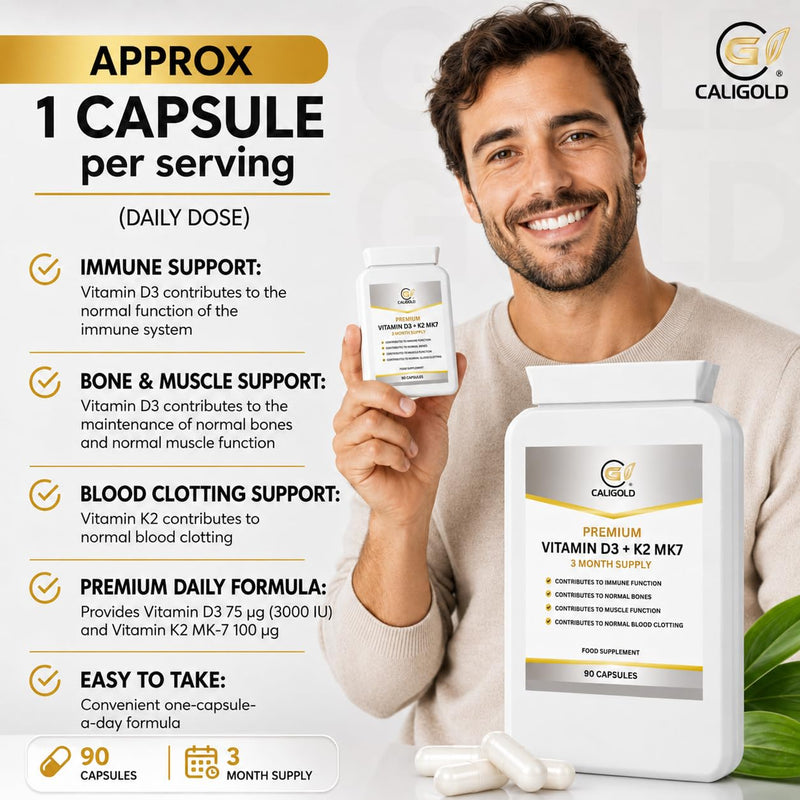 CaliGold Vitamin D3 3000iu & K2 100ug (MK7) – 90 Vitamin D3 K2 Vegetarian Capsules – Supports Normal Bones, Muscles, Teeth and Immune System – Cholecalciferol & Menaquinone-7
