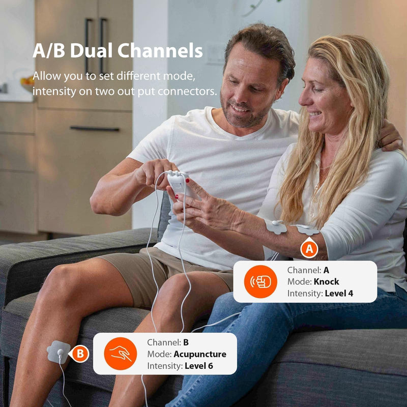 iHealth Dual-Channel TENS Unit Stimulator with 24 Modes & 90-Hour Battery | 15 Intensity Levels, 10 Multi-Size Pads, Adjustable Timer, and Eligibility for Relief at Home or On the Go