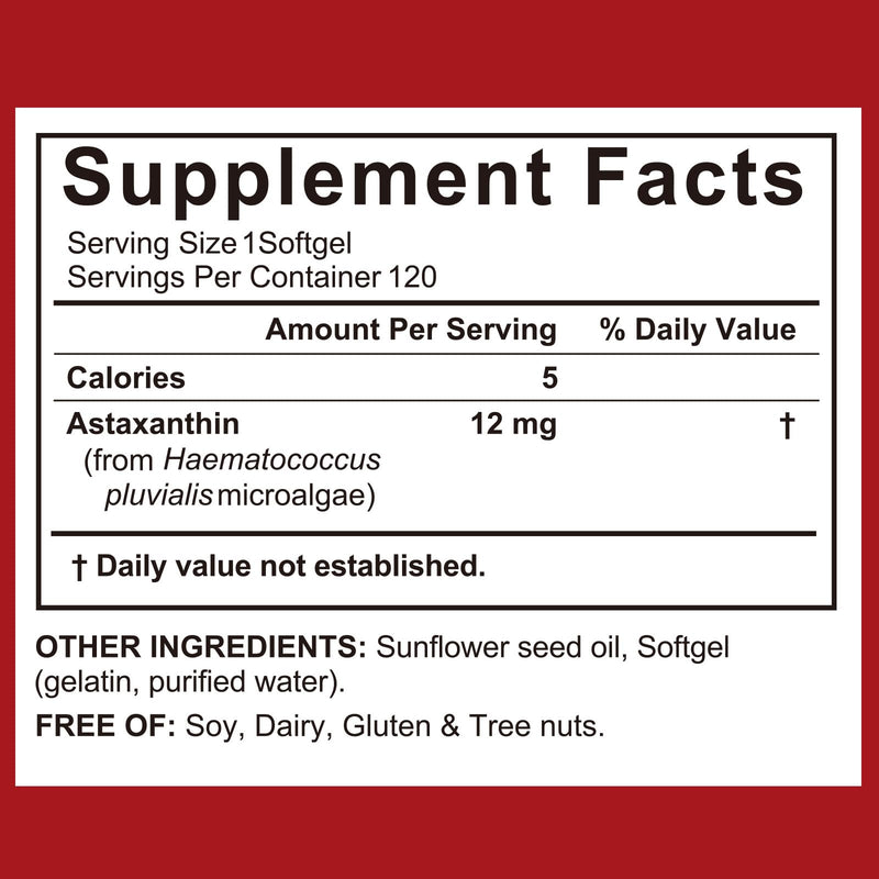 Astaxanthin 12mg 2 Pack, Premium Antioxidant Supplements for Eye, Skin Support, Natural Microalgae Source, Non-GMO, Gluten-Free, 240 Softgels 120 count (Pack of 2)