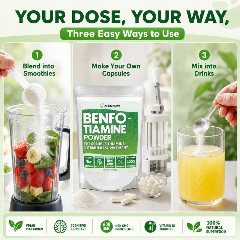 XPRS Nutra Benfotiamine Powder (Thiamine) - Fat Soluble Happy Heart Thiamine Supplement - Advanced Vitamin B1 Benfotiamine for a Cognitive Boost - Vegan Friendly Benfotamine Powder (4 Ounce)