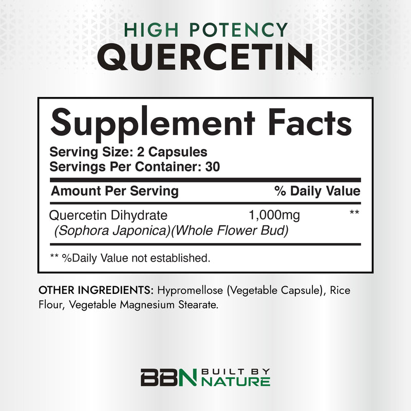 Built by Nature Quercetin 1000mg, 60 Veggie Capsules High Potency Quercetin Dihydrate, Antioxidant Flavonoid, Immune, Respiratory and Allergy Support, Non-GMO, Gluten-Free