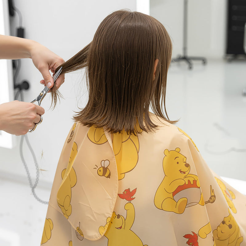 Barber Cape Duster Brush Clip Set- Cute Yellow Bear Theme Kids Hair Cutting Set Hairdressing Adjustable Neck Cape Hair Brush Duster With Clips Salon Barber Supplies for Children Boys Girls