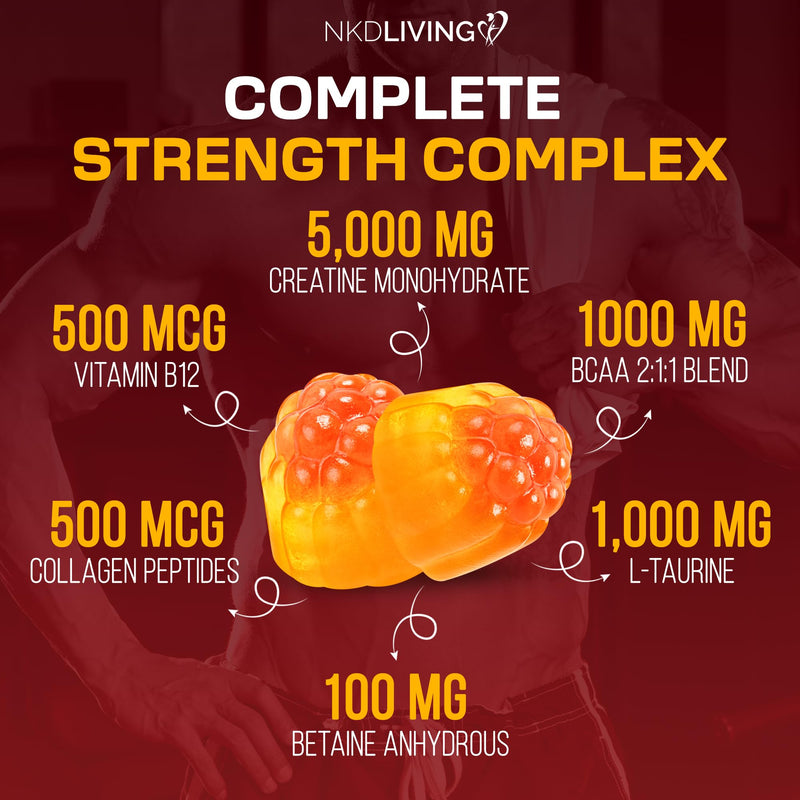 NKD Livng All-in-One Creatine Gummies - Mixed Berry Liquid Centre (120 Gummies)- 5g Creatine – BCAA 1000mg, L-Taurine, Collagen & B12 – Boost Muscle Strength. Chewable Pre-Workout Supplement