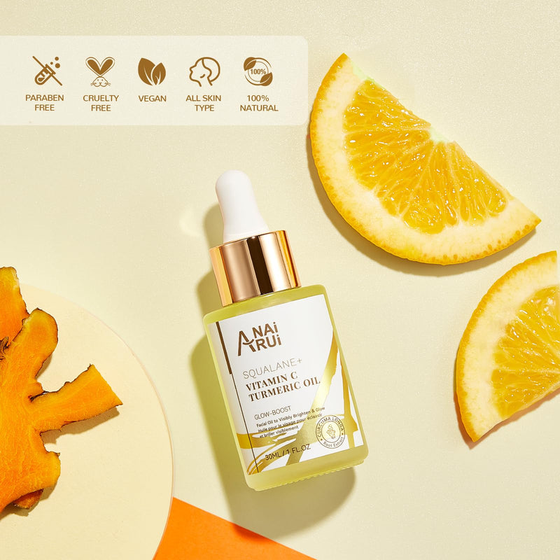 ANAI RUI Squalane Vitamin C Turmeric Facial Oil 1.05 fl.Oz. | Face Oil Moisturizer for Face, Hydrates, Firms Skin Yellow
