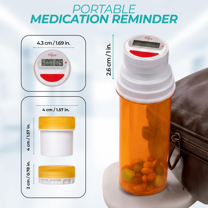 Portable Medication Reminder System with Two Timer Caps – Compact Organizer for Pills, Vitamins & Supplements for Travel or Home Use.