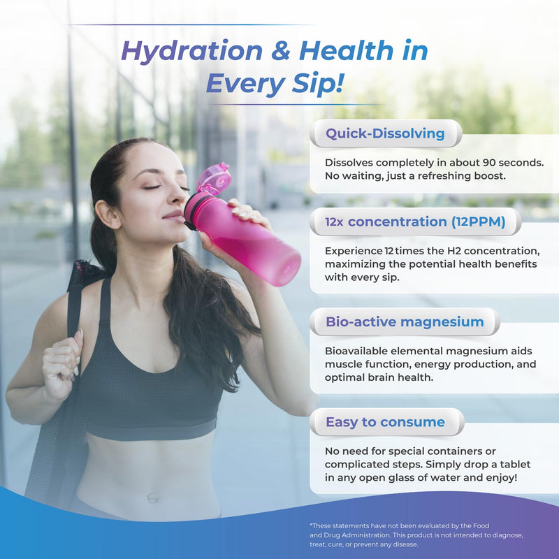 H2 Molecular Hydrogen Water Tablets with Magnesium – 12 PPM Effervescent Hydrogen Tablets for Drinking Water, Supports Hydration, Energy & Metabolism, Unflavored, 30 Tablets Unflavoured 30 count (Pack of 1)