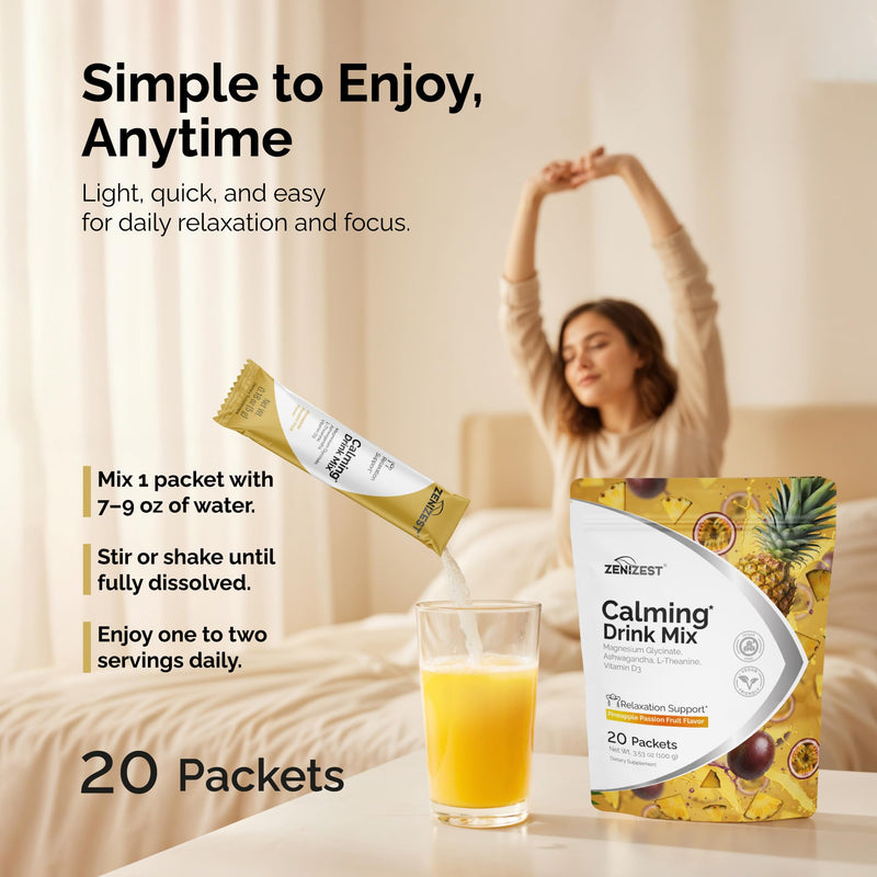 Calming Drink Mix Powder - Natural Cortisol Balance Calm | Sleep Stress Support with Magnesium Glycinate Ashwagandha L-Theanine Vitamin D3 - Pineapple Passion Fruit Flavor 20 Packets 3.53 Ounce (Pack of 1)